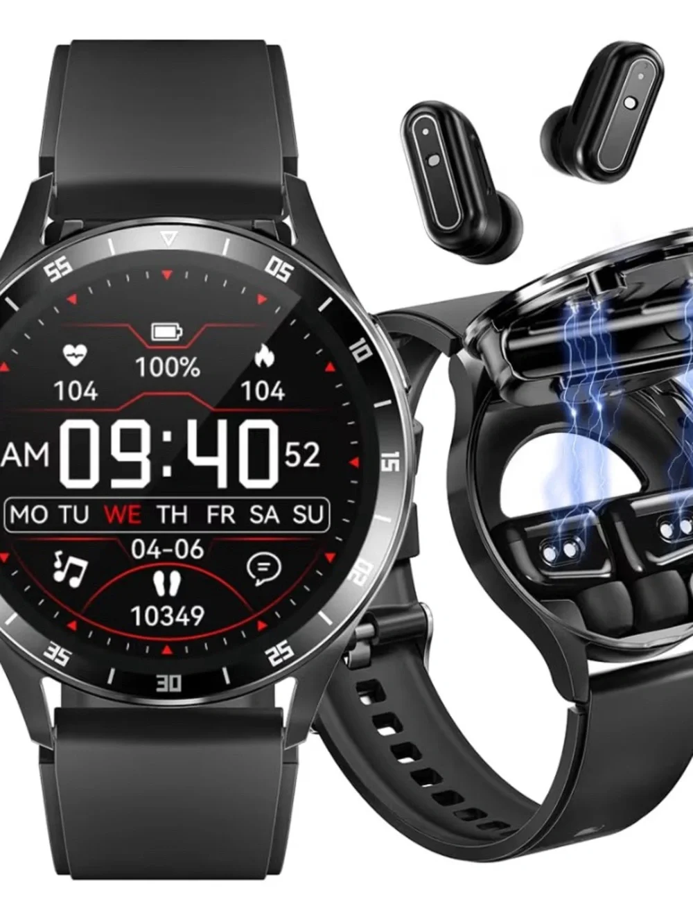 Smartwatch with Wireless Earbuds - Black